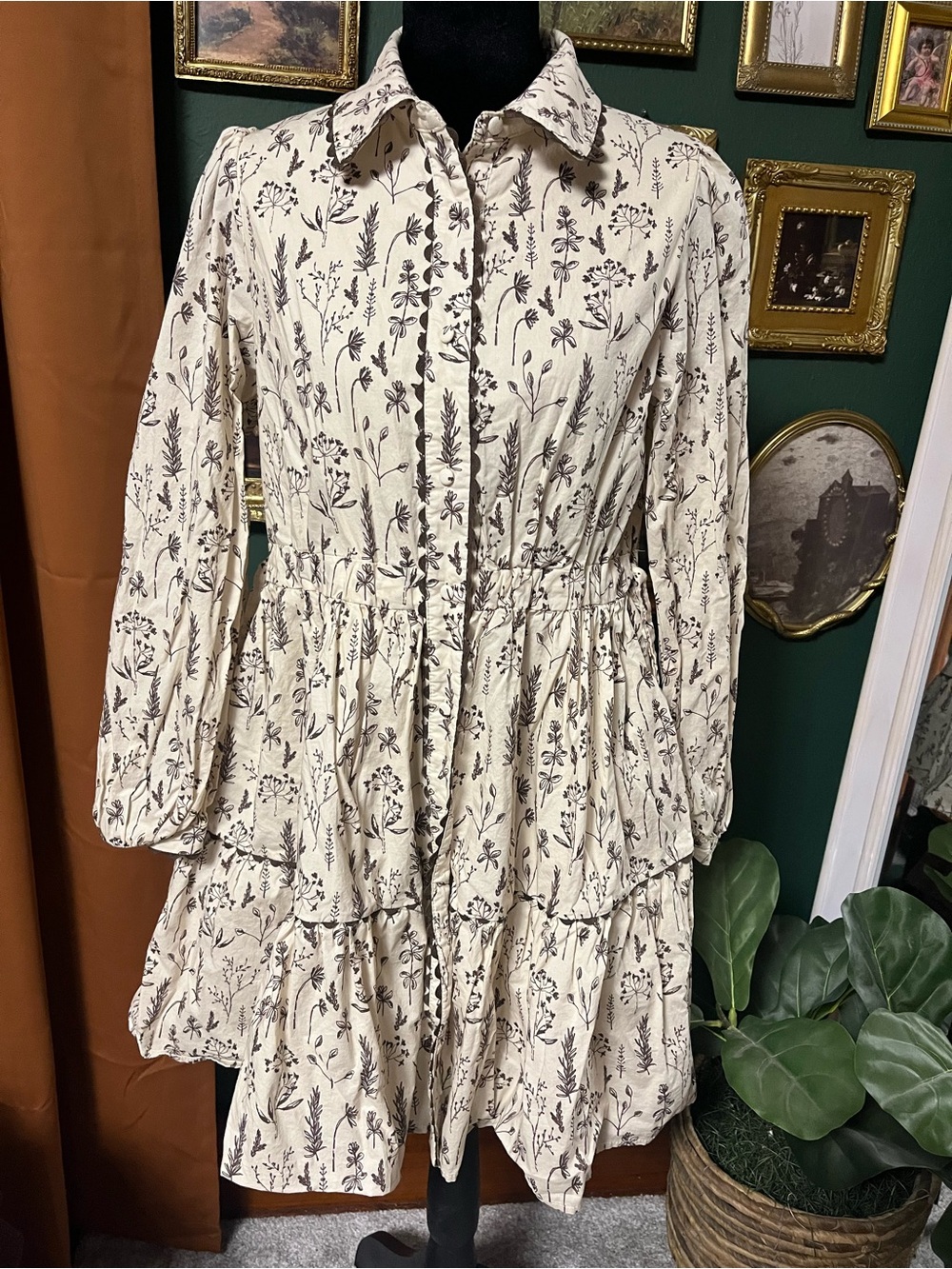 JODIFL Cream Floral Tiered Button-Up Mini Dress